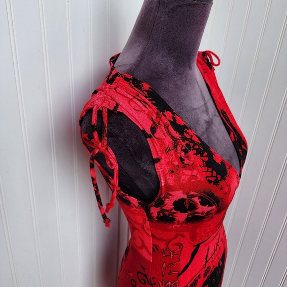 E. Gen Red Black Stretch Swim Cover Up Women's Print Dress Tie Shoulder Sz S - Picture 5 of 15